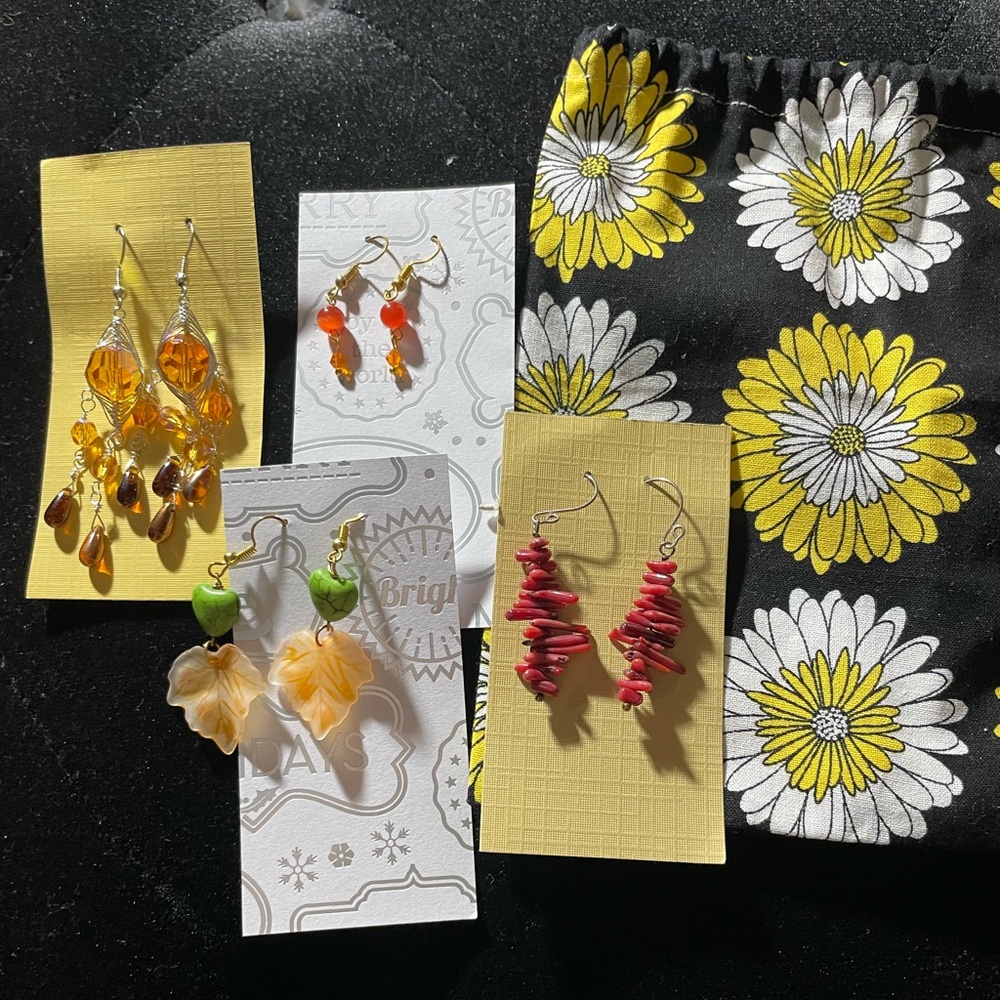 Colorful Dangle Earrings Set Lot Of 4 Drop handmade Bag Leaf Heart Spring Jewels
